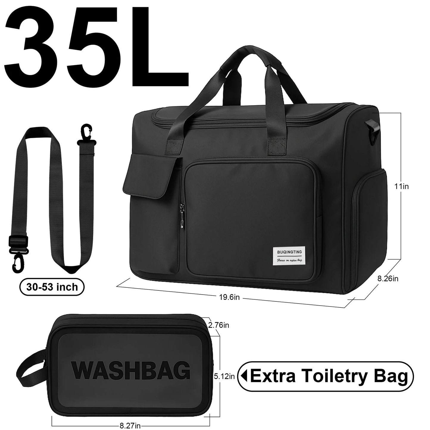 Onekawa Sports Duffel Bag 35L for Men & Women -Travel Duffel Bag , Waterproof Gym Bag with Toiletry Bag, Foldable Travel Backpack for Camping, Yoga, Weekend Trips - Black