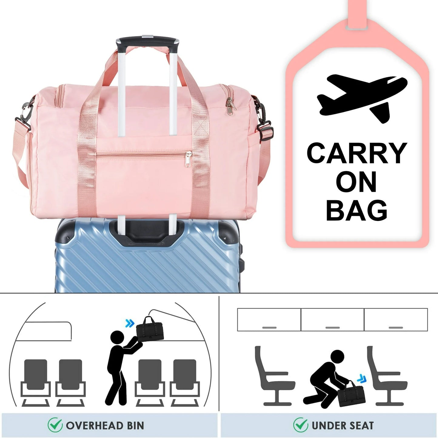 Onekawa Sports Duffel Bag 35L for Men & Women -Travel Duffel Bag , Waterproof Gym Bag with Toiletry Bag, Foldable Travel Backpack for Camping, Yoga, Weekend Trips - Pink