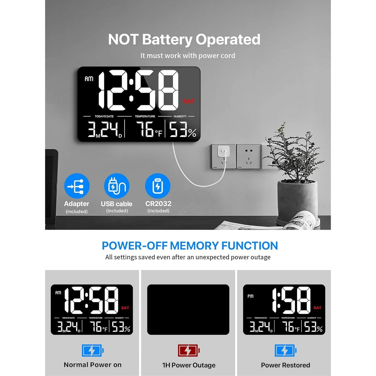 Onekawa 13.1" Digital Wall Clock,Large LED Display,6 Brightness Dimmer Alarm Clock with Temperature,12/24H, DST,Black