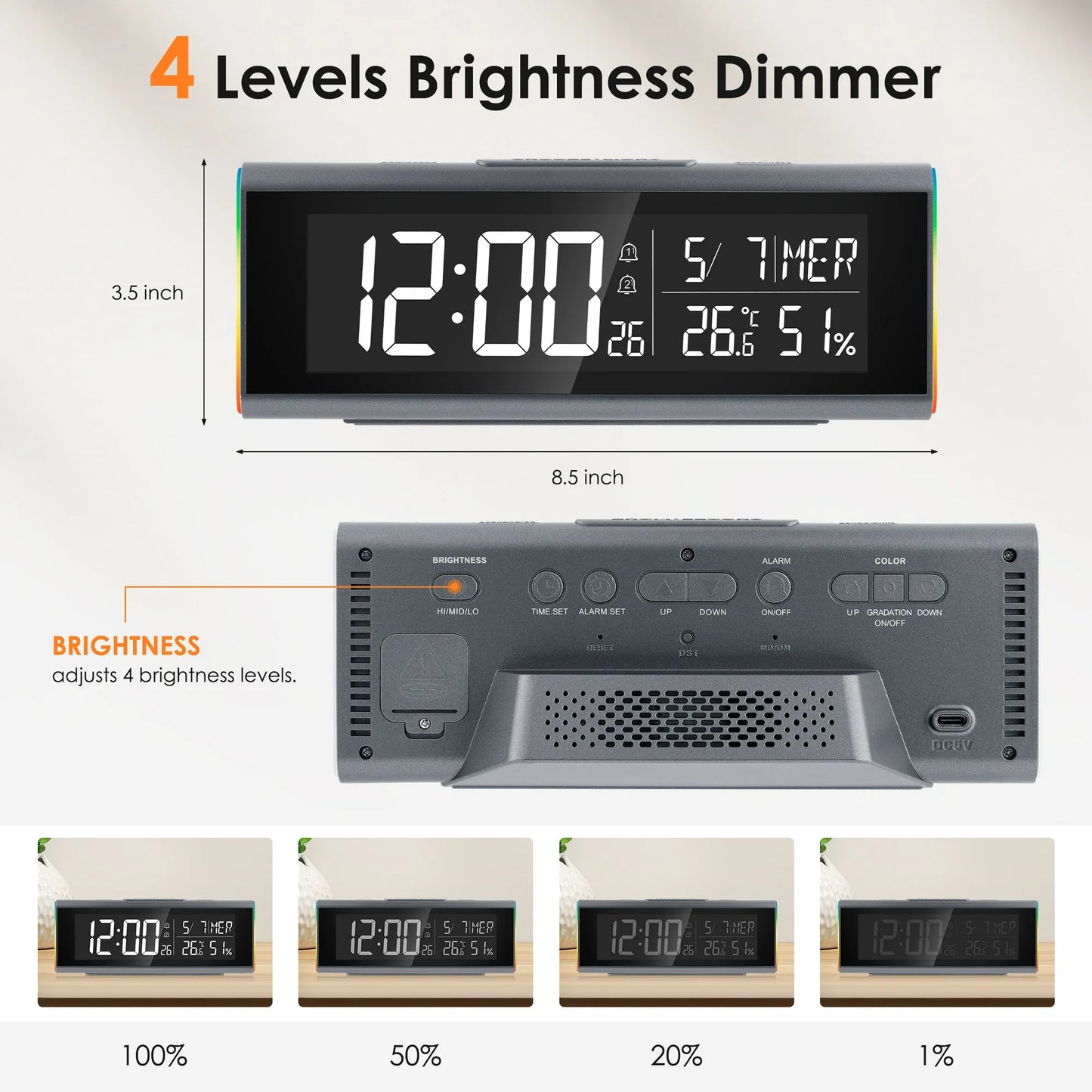 Onekawa 9" Desk Alarm Clock,Colorful LED Digital Clocks,Dimmer Bedside Clock with Adjustable Dual Alarm and Snooze,12/24H, DST for Home, Office, Elderly,Black