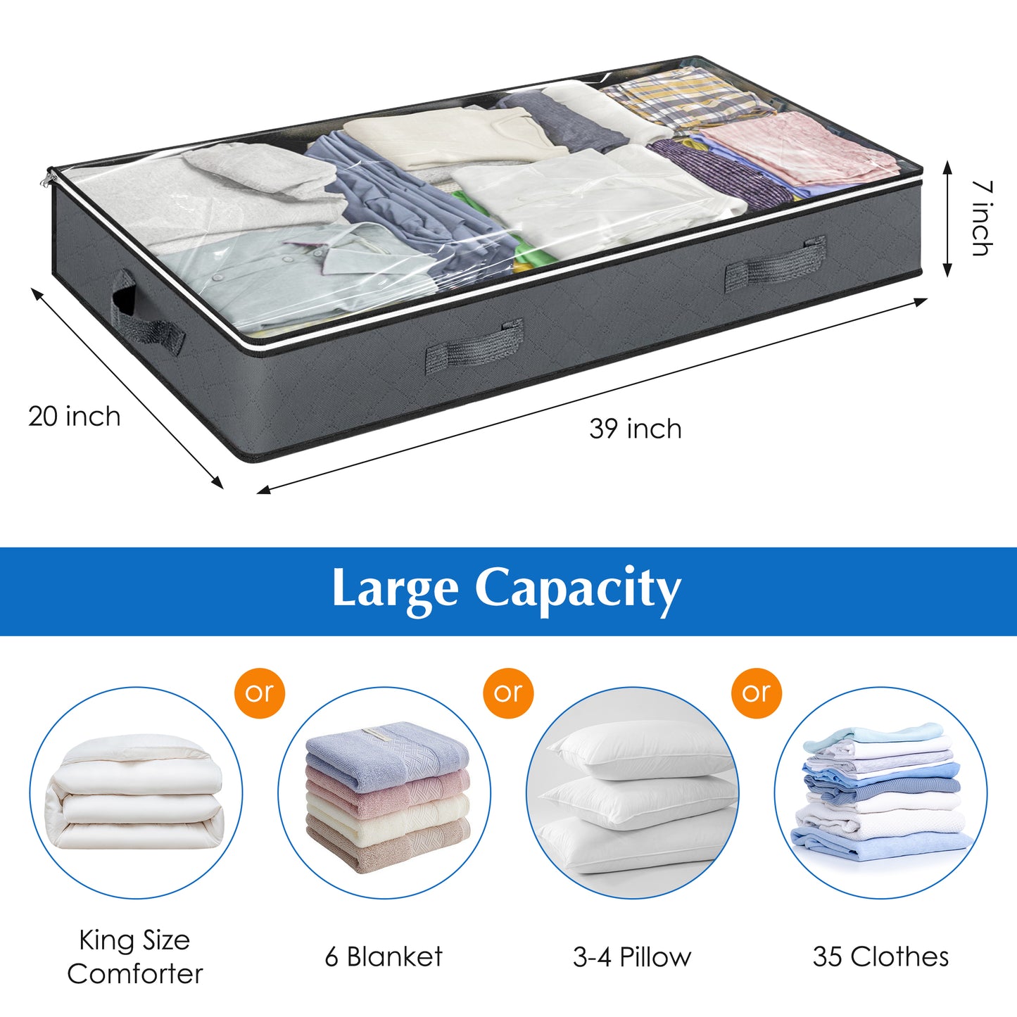 Onekawa 4 Pack Under Bed Storage Bins 90L Foldable Closet Organizers for Blankets, Comforters, Bedding, Sweaters - Clear Window & Dual Zippers, Space Saving Storage Containers with Handles(Gray)
