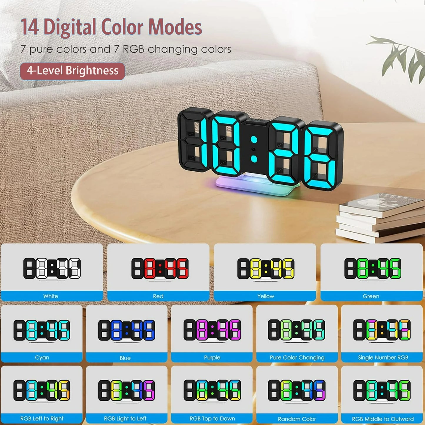 Onekawa Alarm Clock with Remote Control, 9 Inch LED Alarm Clock - Dimmable, Adjustable Brightness, Snooze, Silent Mode, USB Powered, Easy to Read, Modern Digital Clock for Bedroom, Living Room, Offic