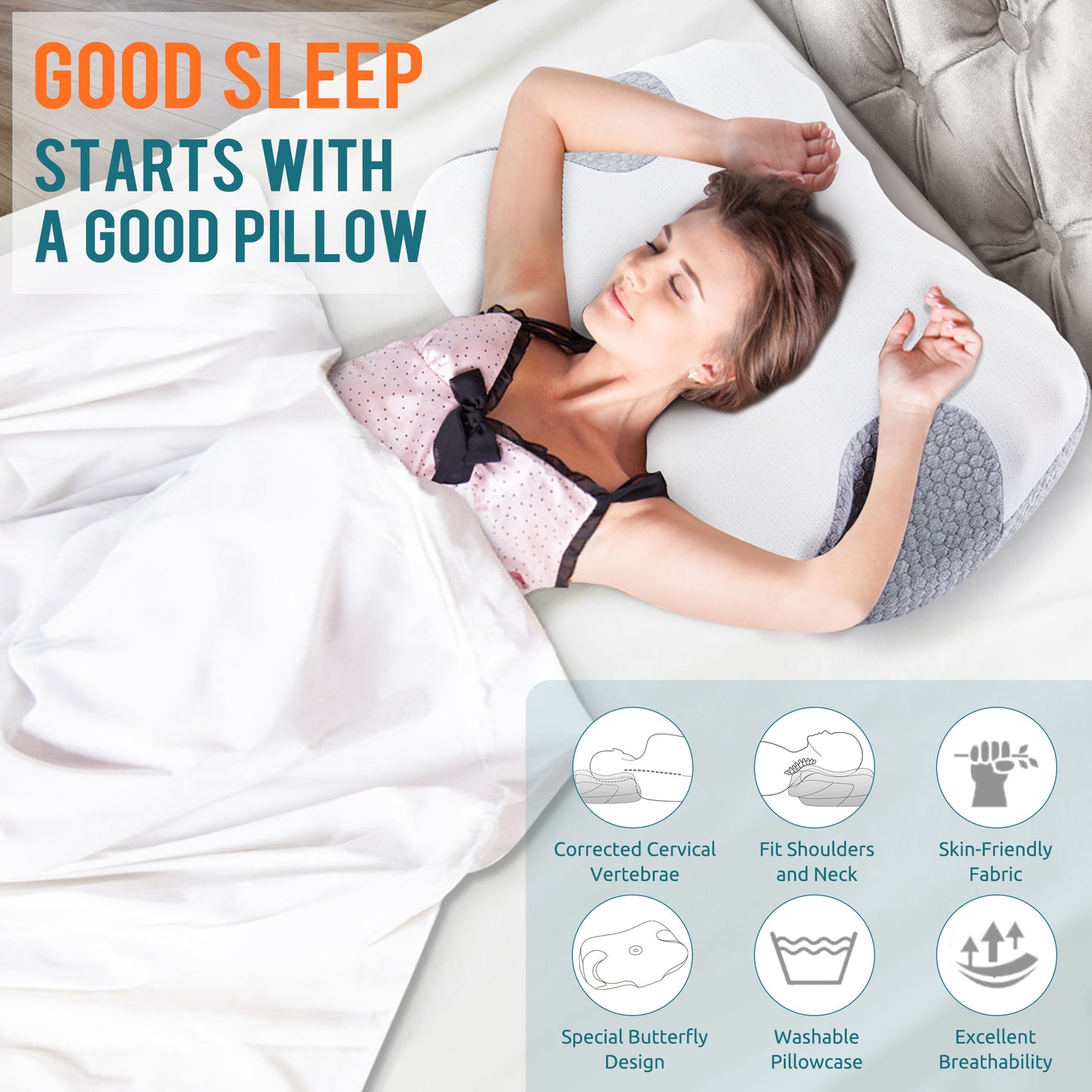 MOONORAH Cervical Pillow for Neck Pain Relief, Adjustable Support Side Sleeping Pillow with Cooling Pillowcase, Bed Pillow for Supine and Stomach Sleepers, Gray