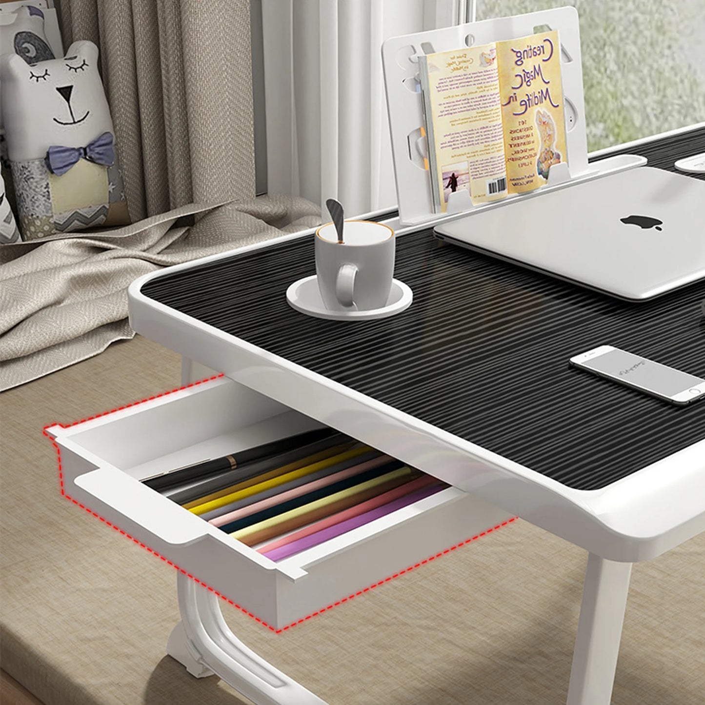 Onekawa Laptop Bed Desk Tray Bed Table, 23.6 Inch Foldable Portable Lap Desk Notebook Stand Reading Holder with Storage Drawer and USB Port for Bed/Couch/Sofa/Floor -Black