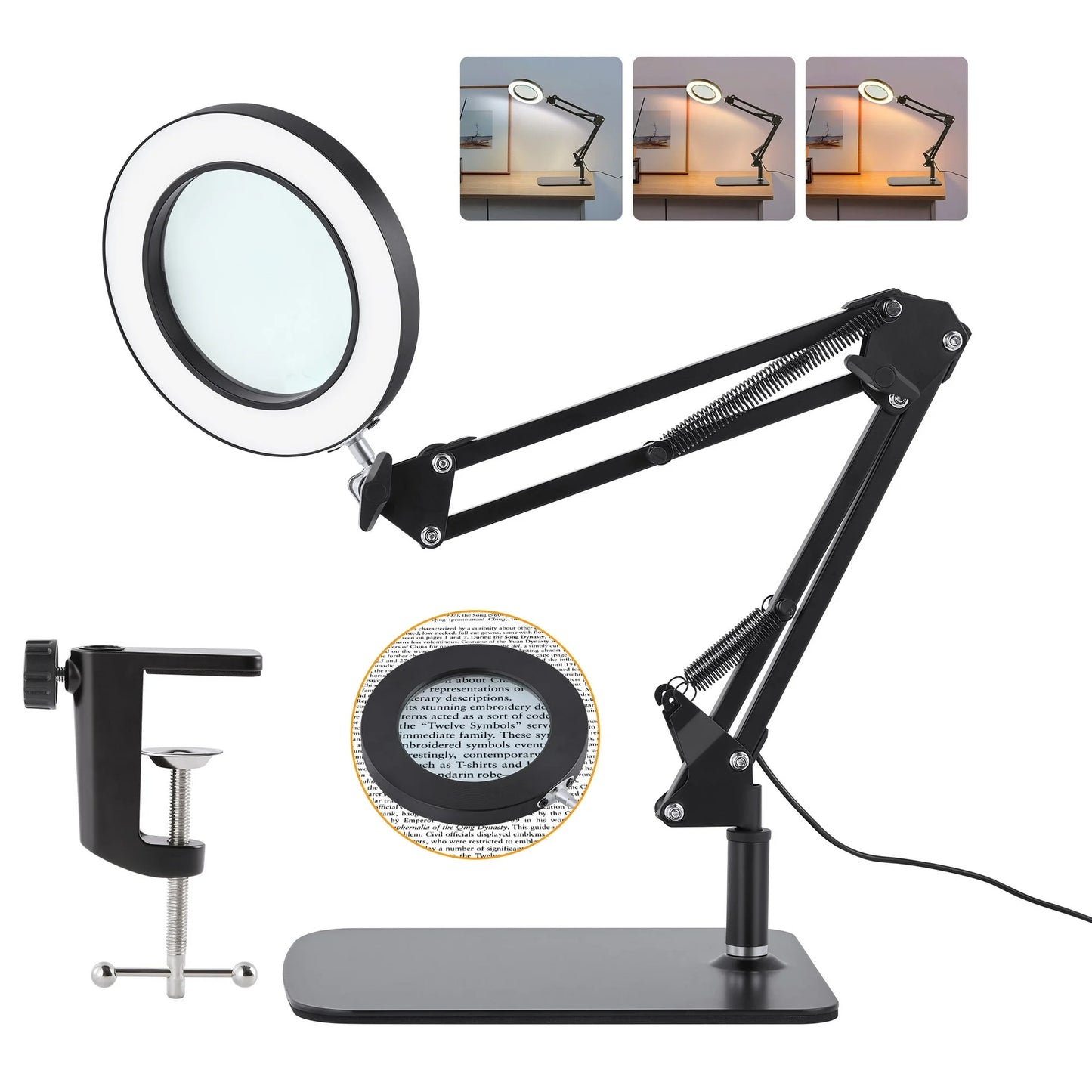 Onekawa Magnifier with Light and Clamp 10x , Real Glass Stand Lighted Magnifier, 3 Color Modes Stepless Dimmable, LED Lighted Magnifying Glasses for Close Work, Crafts, Hobby, Reading, Black