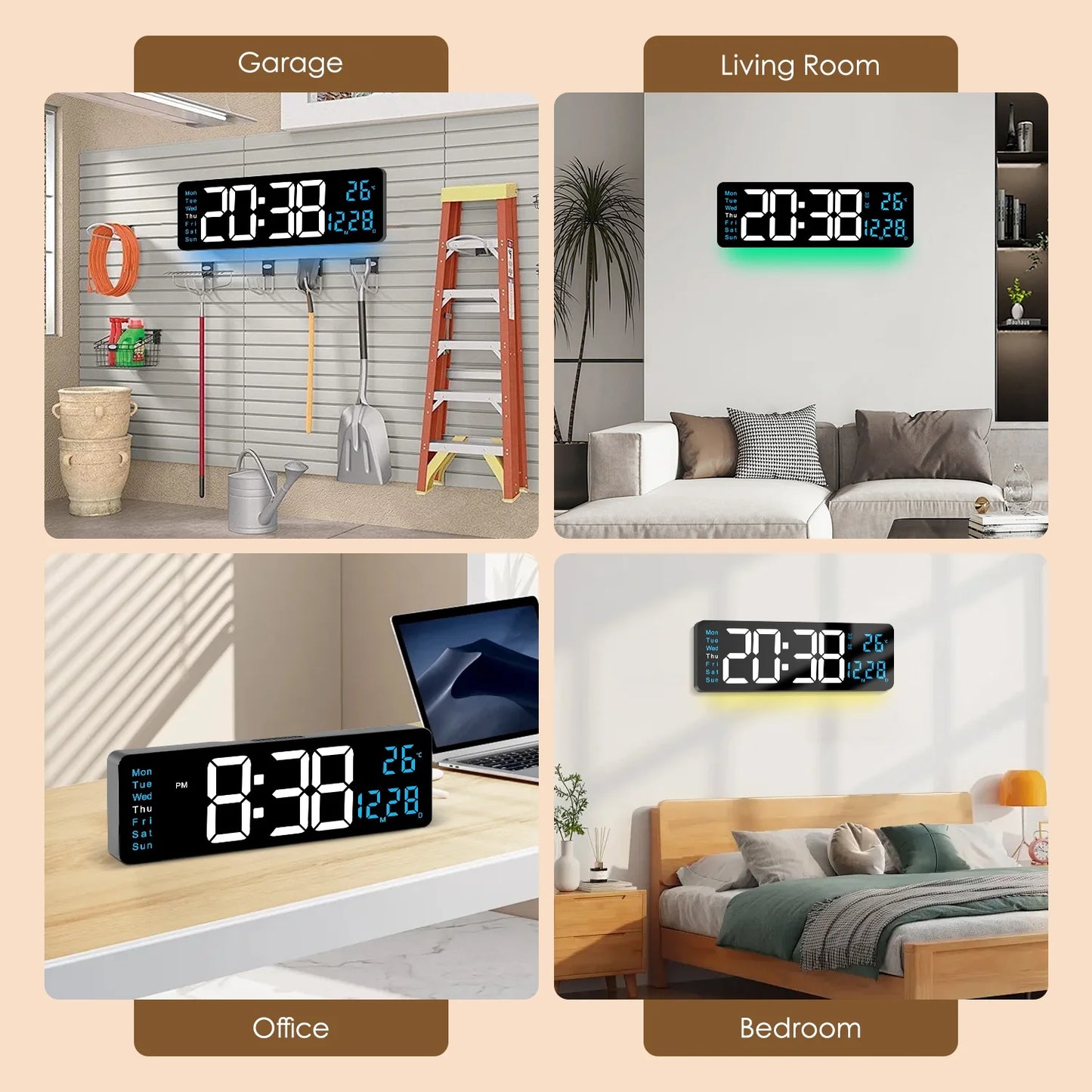 Onekawa 16" Digital Wall Clock,Dimmer Dual Alarm Clocks for Bedroom,8 Colors Large LED Display with Remote Control,12/24H,Black