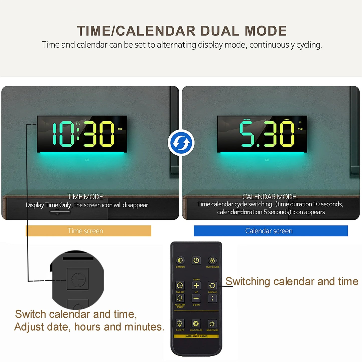 Onekawa Large Digital Wall Clock,LED Alarm Clocks with Calendar and Remote Controls,Black