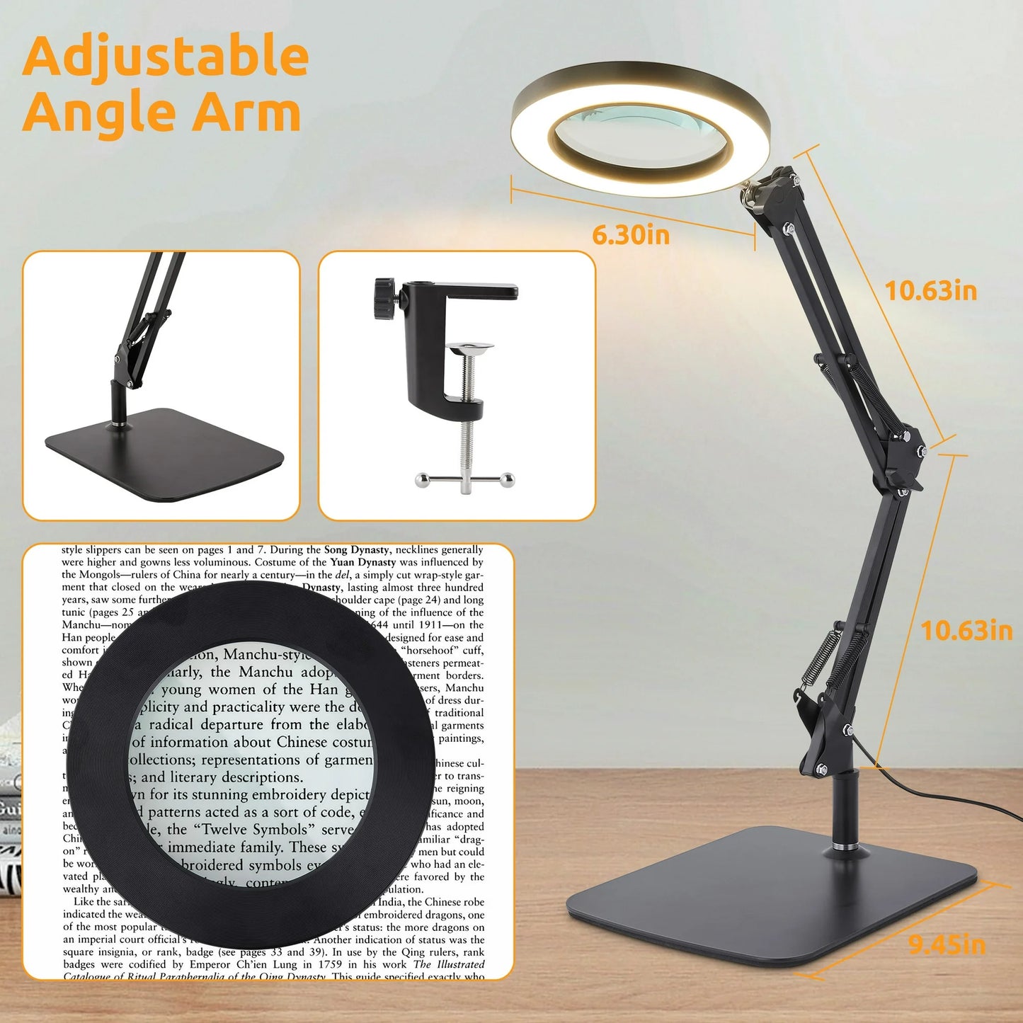 Onekawa Magnifier with Light and Clamp 10x , Real Glass Stand Lighted Magnifier, 3 Color Modes Stepless Dimmable, LED Lighted Magnifying Glasses for Close Work, Crafts, Hobby, Reading, Black