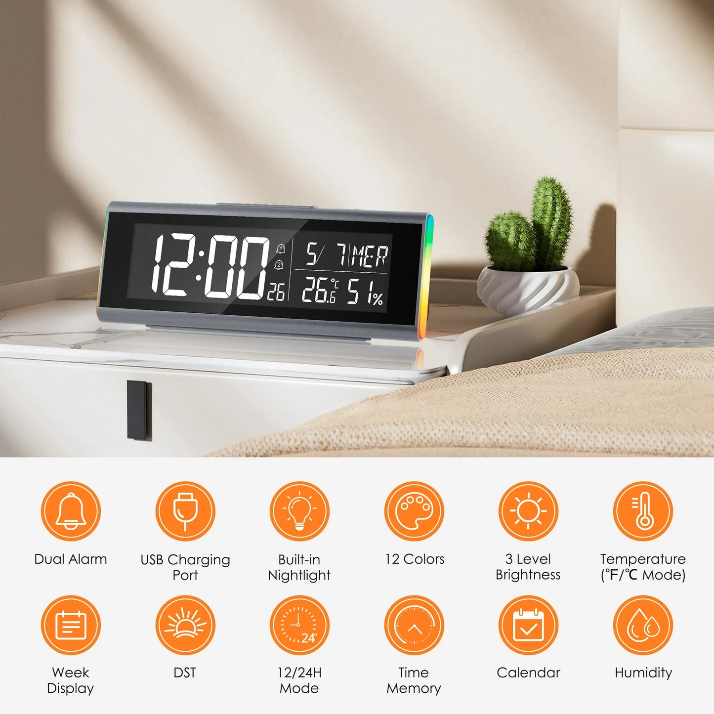 Onekawa 9" Desk Alarm Clock,Colorful LED Digital Clocks,Dimmer Bedside Clock with Adjustable Dual Alarm and Snooze,12/24H, DST for Home, Office, Elderly,Black
