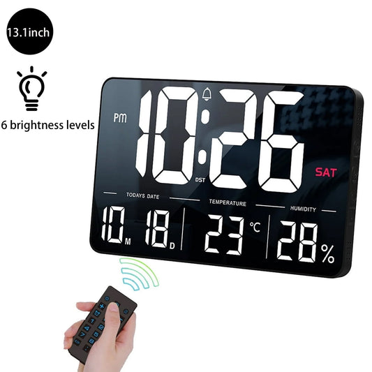 Onekawa 13.1" Digital Wall Clock,Large LED Display,6 Brightness Dimmer Alarm Clock with Temperature,12/24H, DST,Black