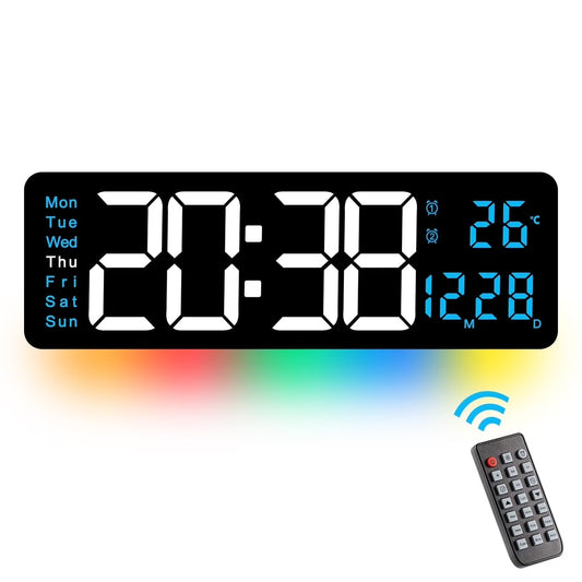 Onekawa 16" Digital Wall Clock,Dimmer Dual Alarm Clocks for Bedroom,8 Colors Large LED Display with Remote Control,12/24H,Black