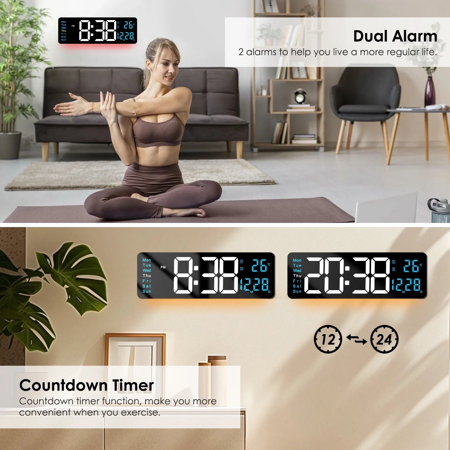 Onekawa 16" Digital Wall Clock,Dimmer Dual Alarm Clocks for Bedroom,8 Colors Large LED Display with Remote Control,12/24H,Black