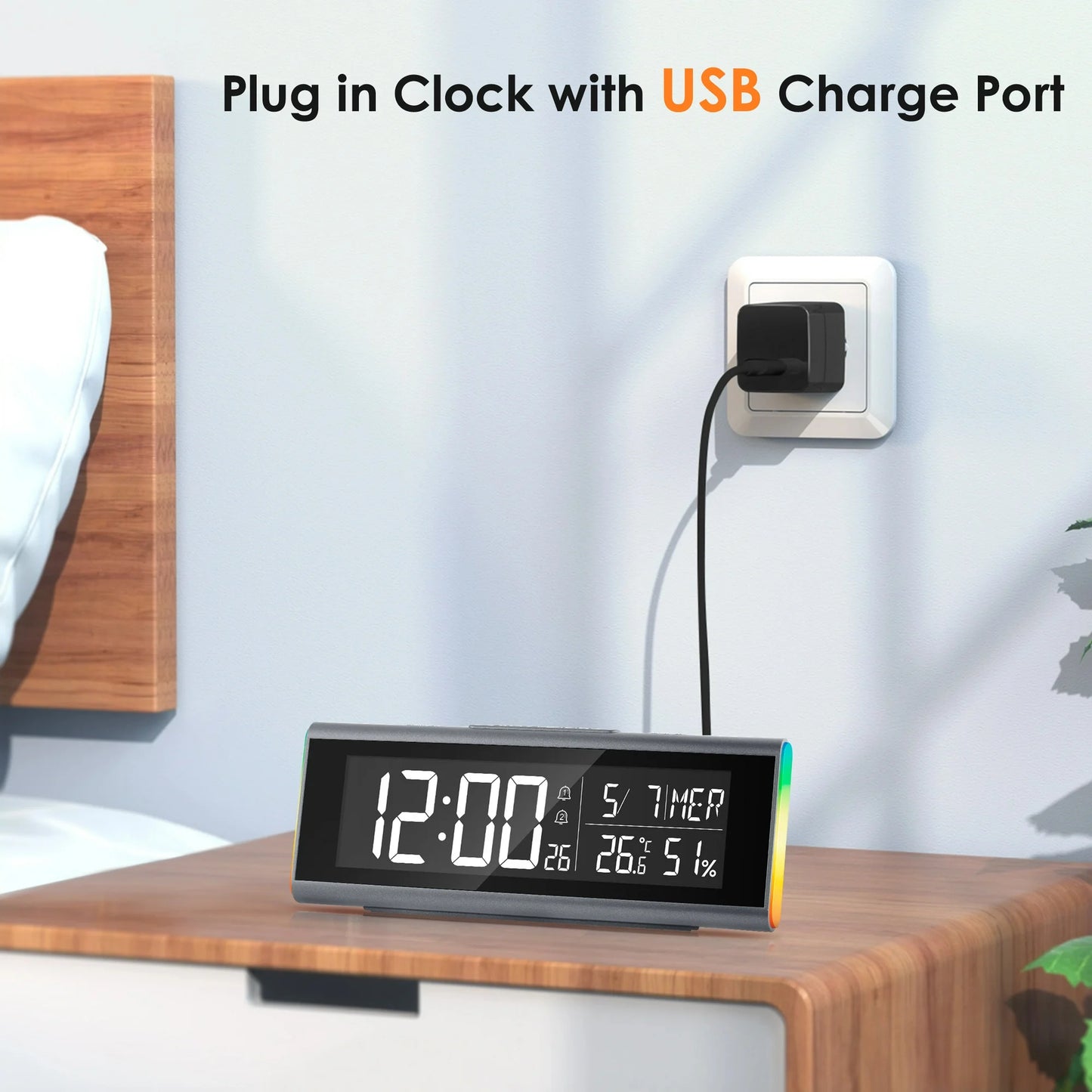 Onekawa 9" Desk Alarm Clock,Colorful LED Digital Clocks,Dimmer Bedside Clock with Adjustable Dual Alarm and Snooze,12/24H, DST for Home, Office, Elderly,Black