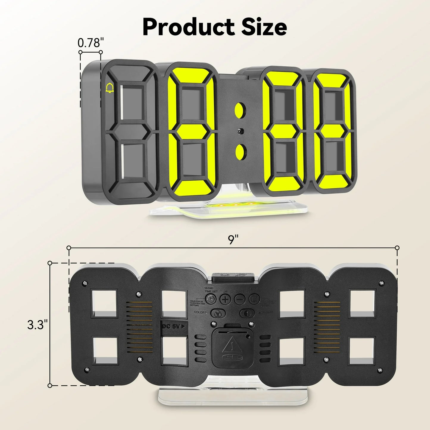 Onekawa Alarm Clock with Remote Control, 9 Inch LED Alarm Clock - Dimmable, Adjustable Brightness, Snooze, Silent Mode, USB Powered, Easy to Read, Modern Digital Clock for Bedroom, Living Room, Offic
