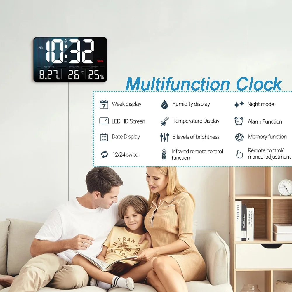 Onekawa 13.1" Digital Wall Clock,Large LED Display,6 Brightness Dimmer Alarm Clock with Temperature,12/24H, DST,Black
