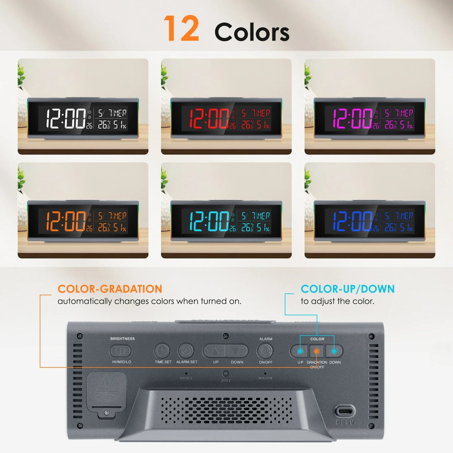 Onekawa 9" Desk Alarm Clock,Colorful LED Digital Clocks,Dimmer Bedside Clock with Adjustable Dual Alarm and Snooze,12/24H, DST for Home, Office, Elderly,Black