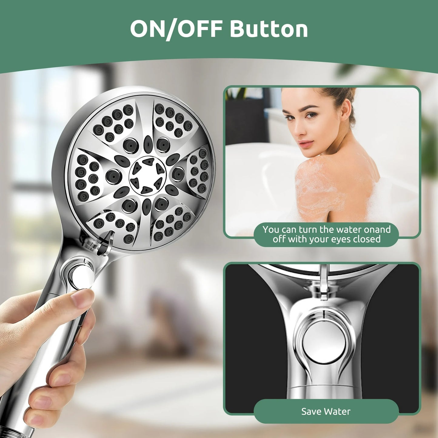 Onekawa Handheld Shower Head, High Pressure Shower Heads with Hose,Filtered Showerhead with Water Stop Button, 10 Spray Modes,Silver