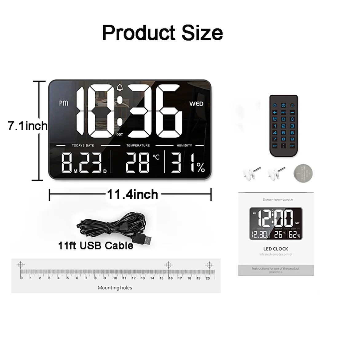 Onekawa 13.1" Digital Wall Clock,Large LED Display,6 Brightness Dimmer Alarm Clock with Temperature,12/24H, DST,Black