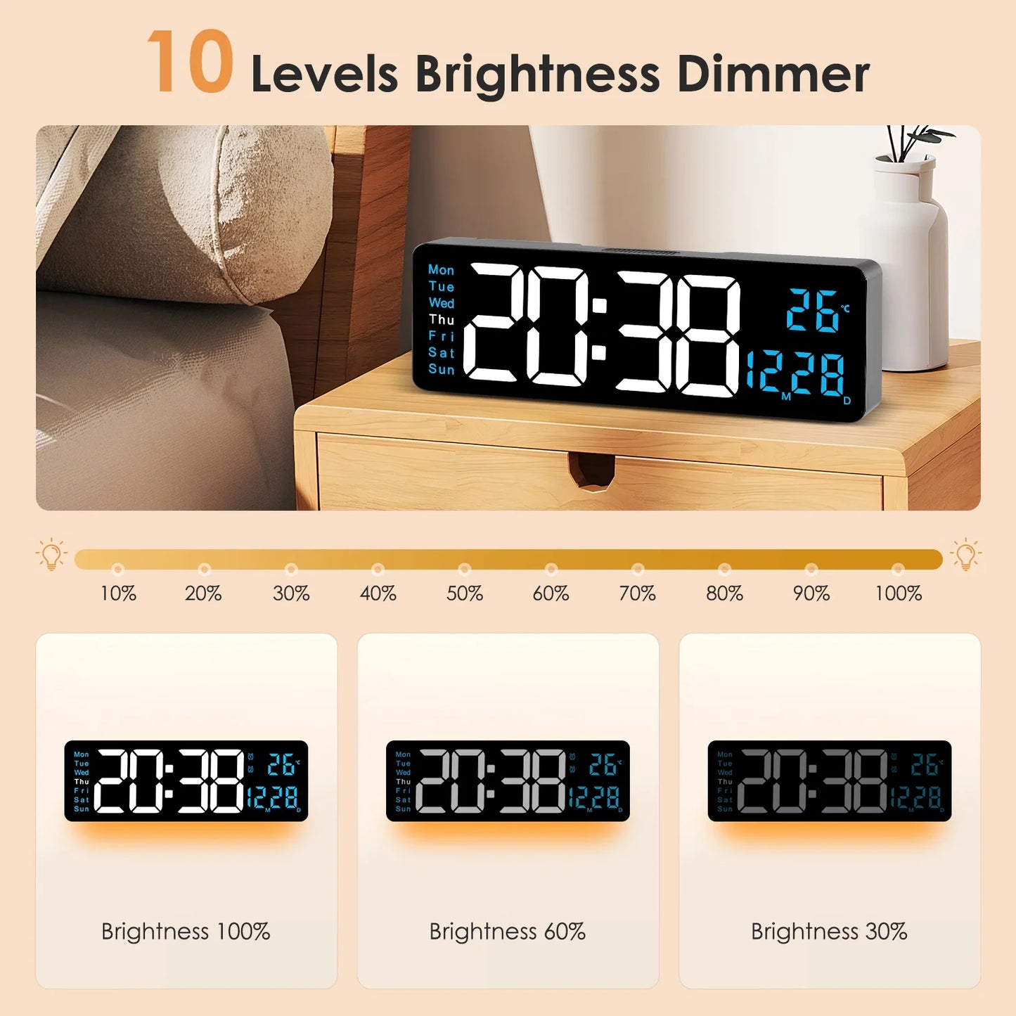 Onekawa 16" Digital Wall Clock,Dimmer Dual Alarm Clocks for Bedroom,8 Colors Large LED Display with Remote Control,12/24H,Black