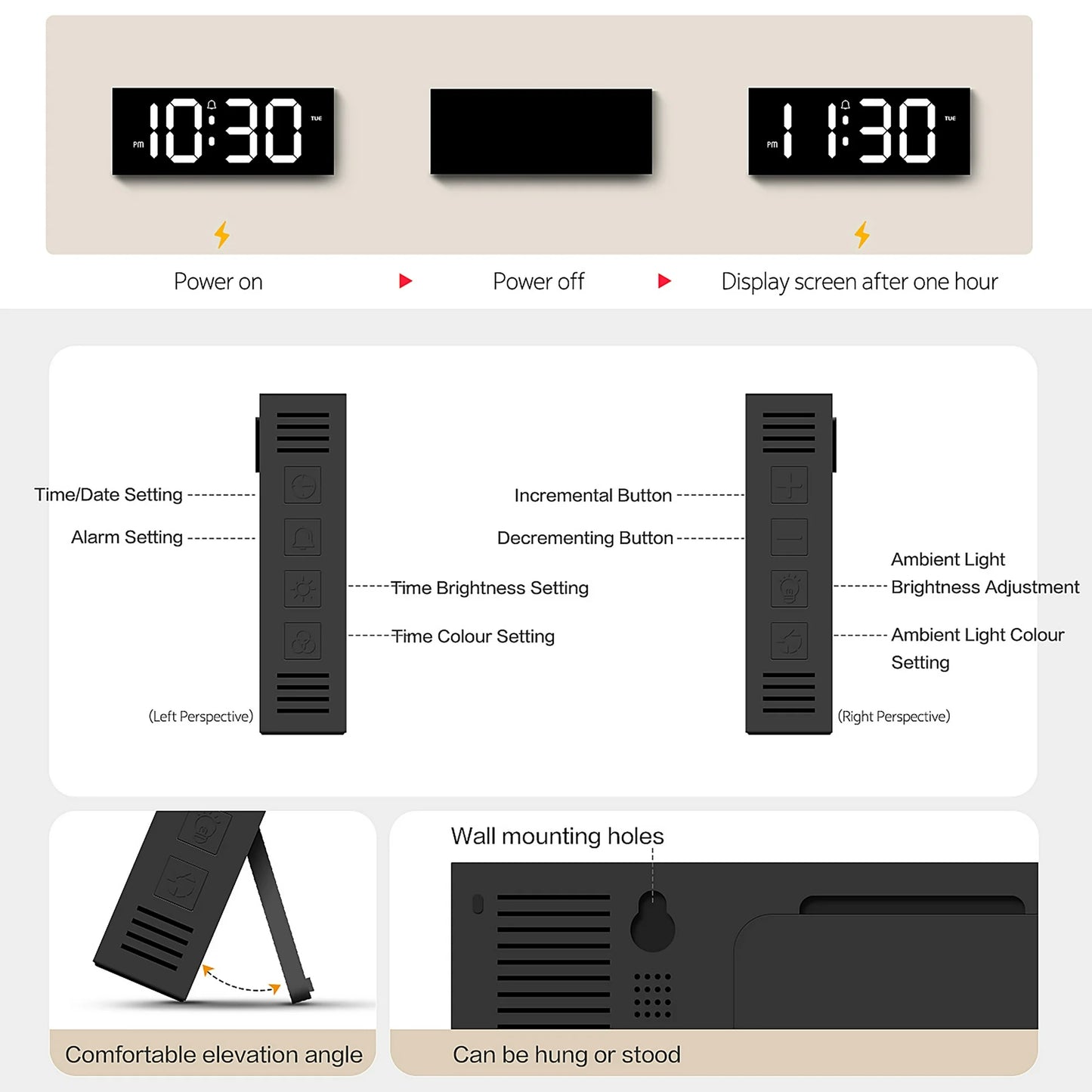 Onekawa Large Digital Wall Clock,LED Alarm Clocks with Calendar and Remote Controls,Black