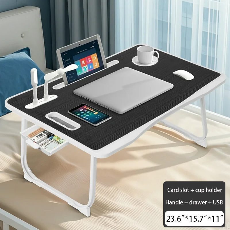 Onekawa Laptop Bed Desk Tray Bed Table, 23.6 Inch Foldable Portable Lap Desk Notebook Stand Reading Holder with Storage Drawer and USB Port for Bed/Couch/Sofa/Floor -Black