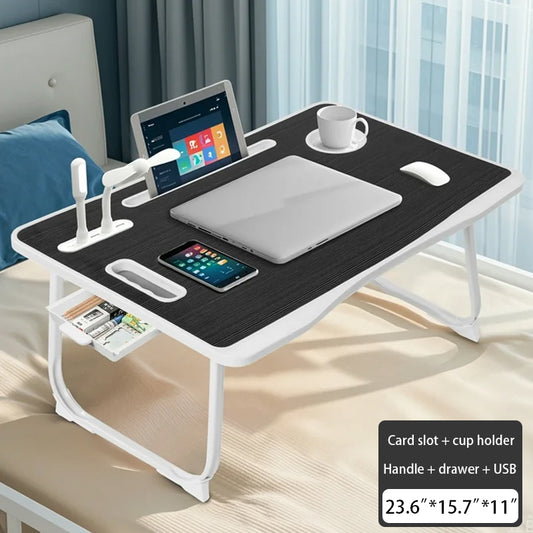 Onekawa Laptop Bed Desk Tray Bed Table, 23.6 Inch Foldable Portable Lap Desk Notebook Stand Reading Holder with Storage Drawer and USB Port for Bed/Couch/Sofa/Floor -Black