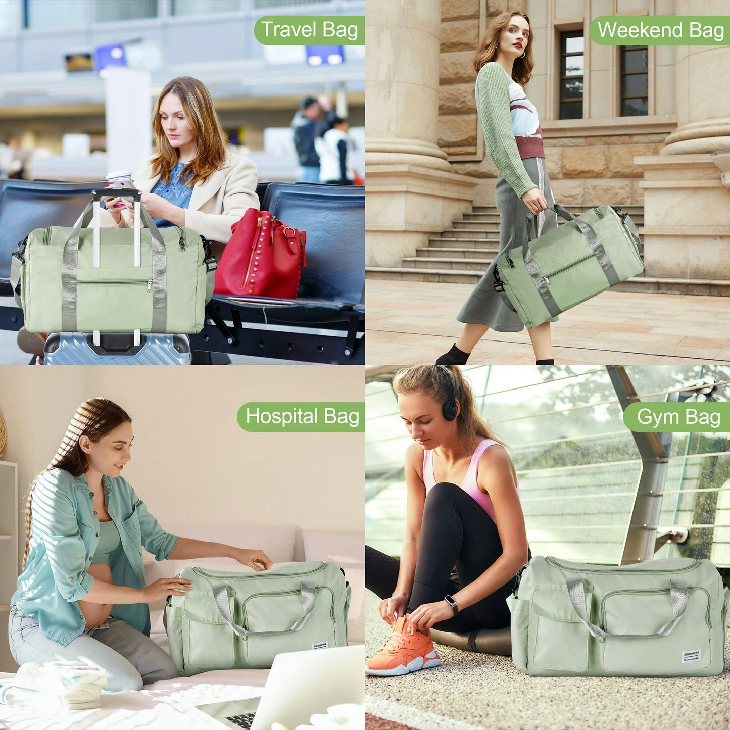 Onekawa Sports Duffel Bag 35L for Men & Women -Travel Duffel Bag , Waterproof Gym Bag with Toiletry Bag, Foldable Travel Backpack for Camping, Yoga, Weekend Trips - Green