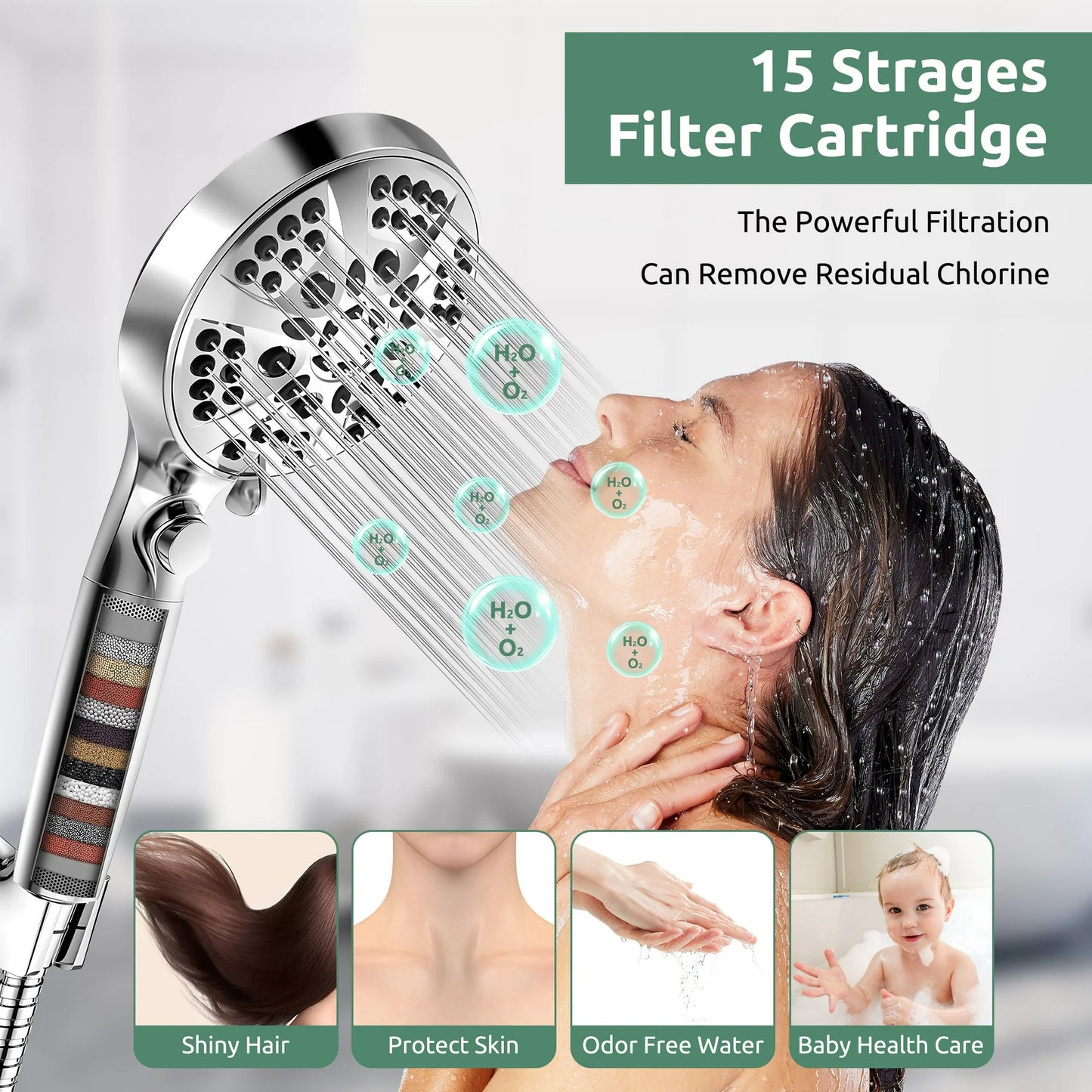 Onekawa Handheld Shower Head, High Pressure Shower Heads with Hose,Filtered Showerhead with Water Stop Button, 10 Spray Modes,Silver