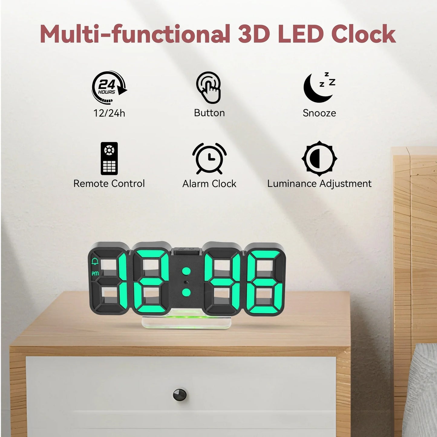 Onekawa Alarm Clock with Remote Control, 9 Inch LED Alarm Clock - Dimmable, Adjustable Brightness, Snooze, Silent Mode, USB Powered, Easy to Read, Modern Digital Clock for Bedroom, Living Room, Offic
