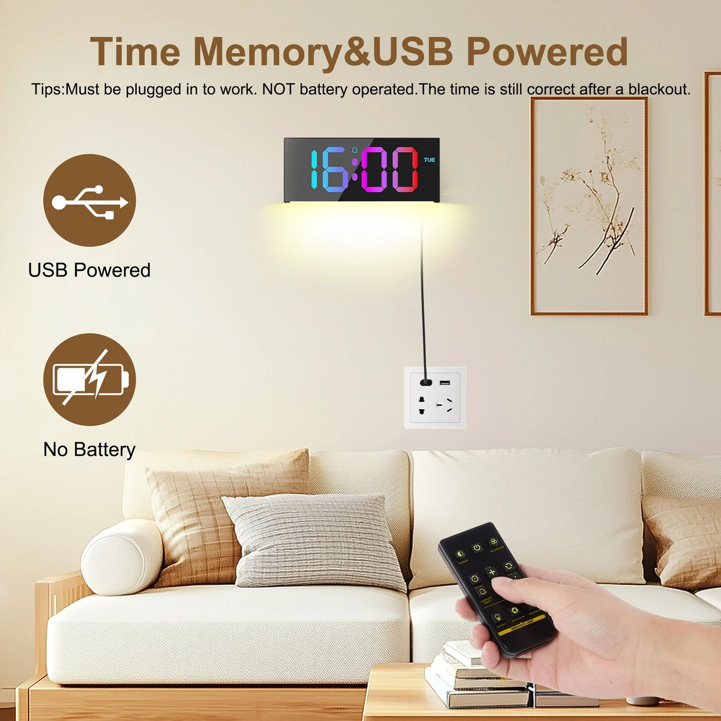 Onekawa Large Digital Wall Clock,LED Alarm Clocks with Calendar and Remote Controls,Black