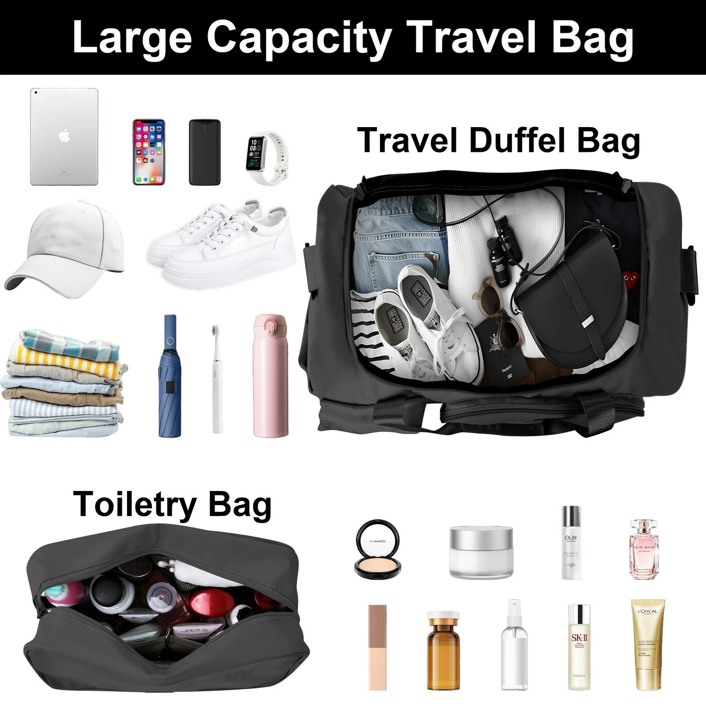 Onekawa Sports Duffel Bag 35L for Men & Women -Travel Duffel Bag , Waterproof Gym Bag with Toiletry Bag, Foldable Travel Backpack for Camping, Yoga, Weekend Trips - Black